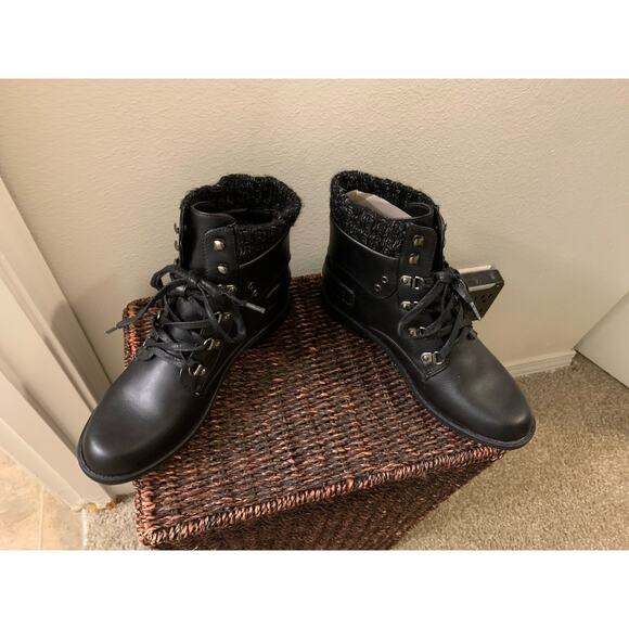 Shoe Dazzle Combat Boots Size 8.5 Black Brown Sock Sweater Tie Combat Lace Up - Picture 6 of 8